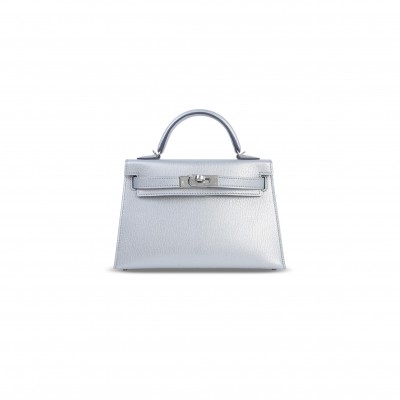 HERMES MINI KELLY SILVER METALLIC ARGENT CHAMKILA PALLADIUM HARDWARE (19*12*5.5cm)